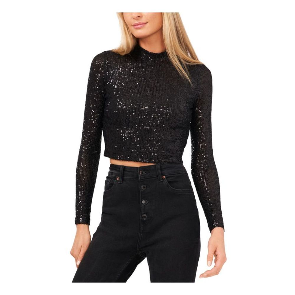 28TH & PARK Womens Black Long Sleeve Mock Neck Party Crop Top Juniors XS
